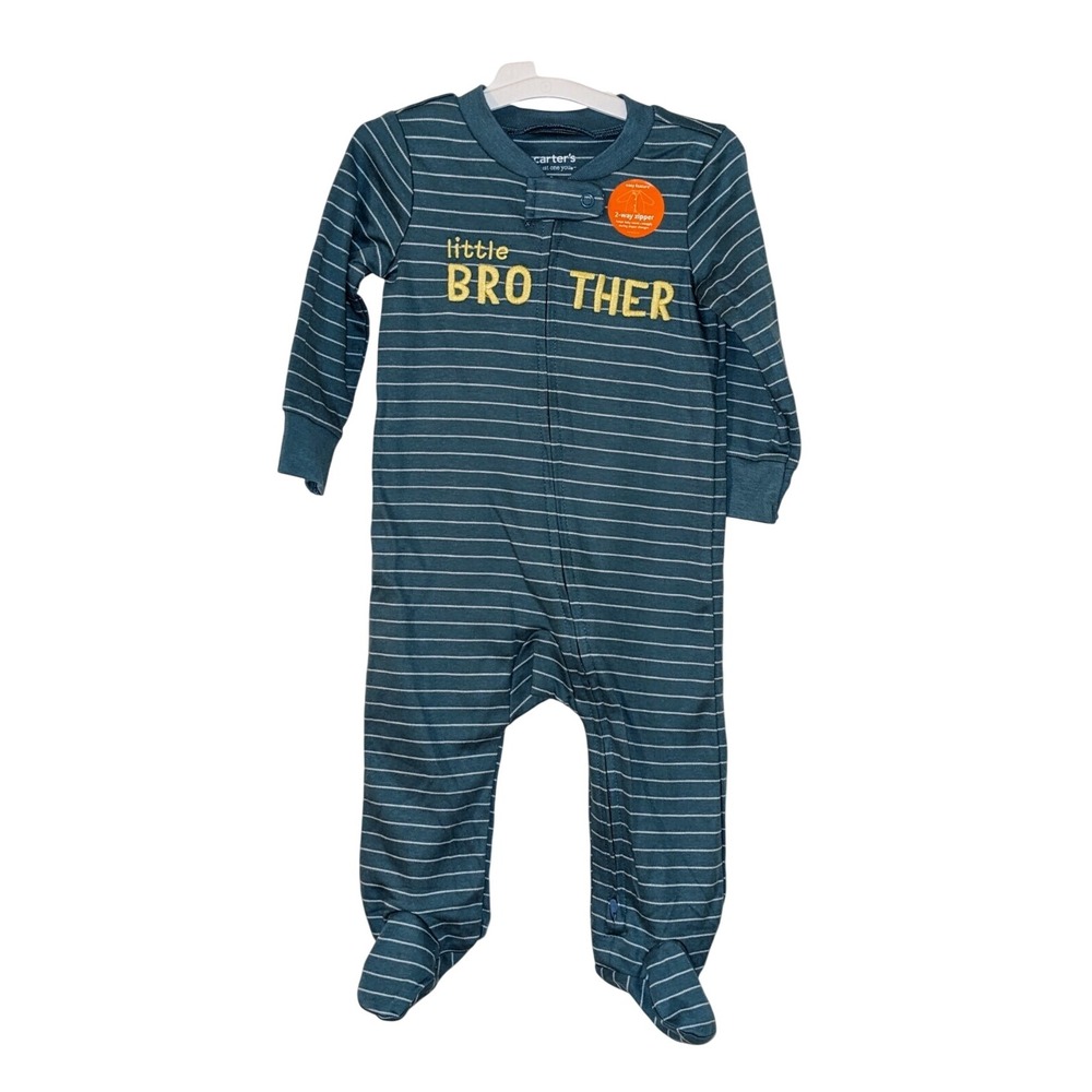 Carters Little‎ Brother 9 Month Blue One-Piece Striped Zipper Cotton Sleeper NWT